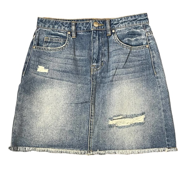 Harper A-Line Distressed Denim Mini Skirt Women Small Raw Hem Medium Wash Cotton - Picture 1 of 8
